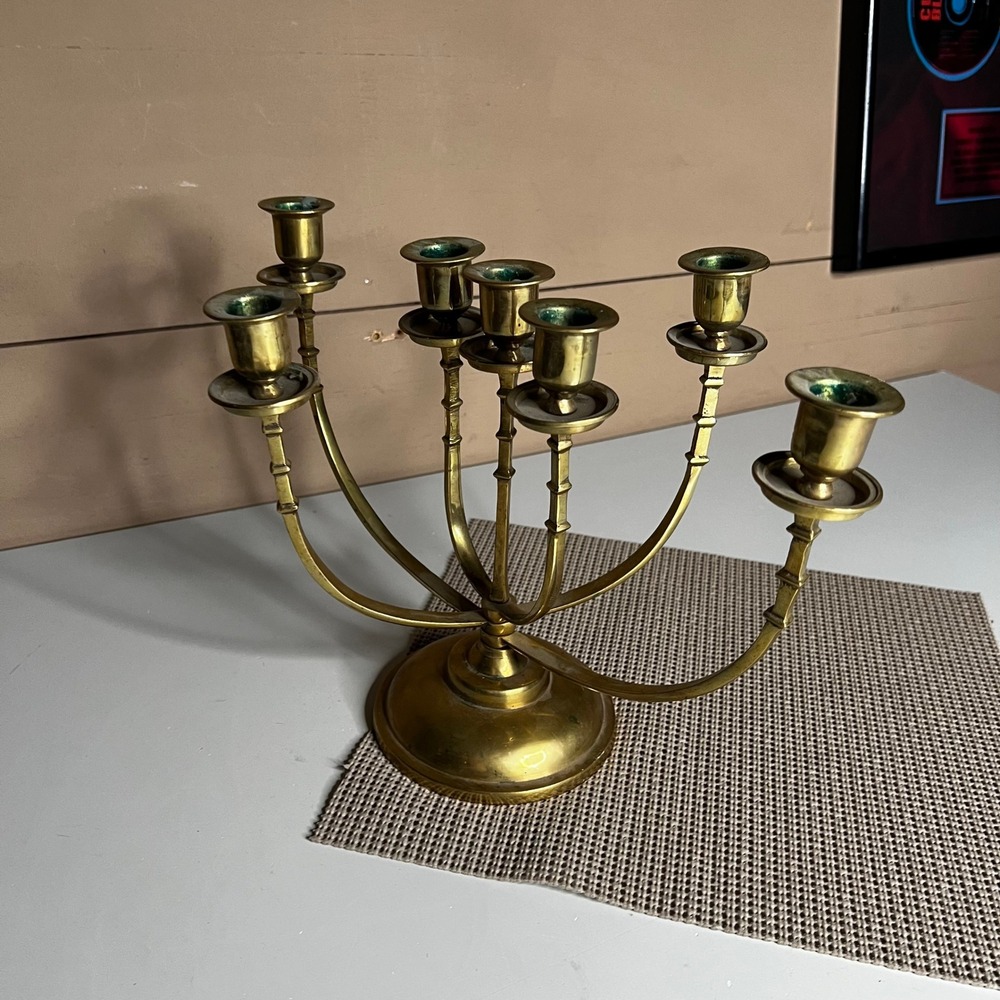 Vintage Solid Brass 7 Arm Candelabra Candle Holder Made in Korea Mid Century 12"
